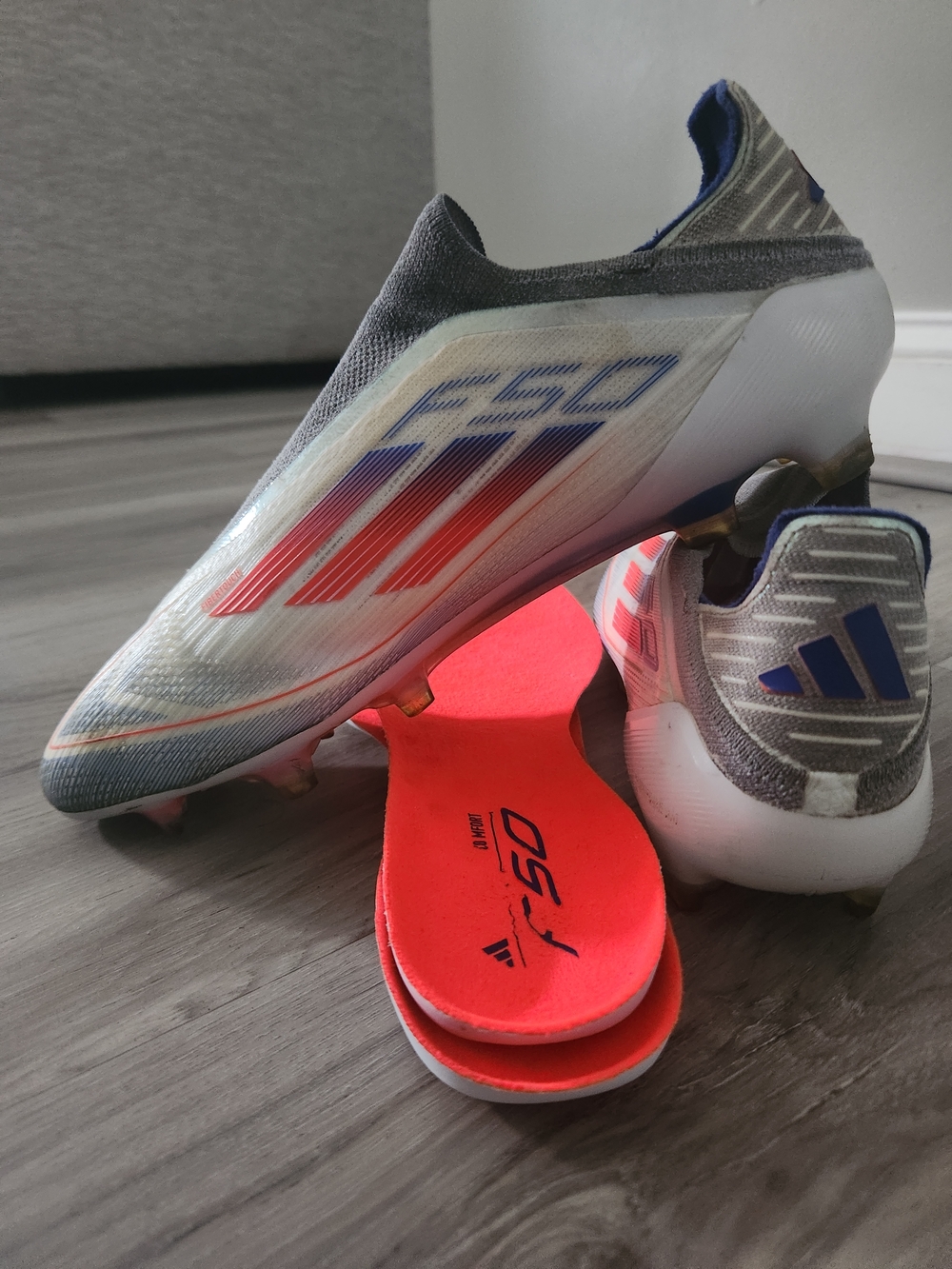 adidas F50 Soccer Cleats - White with Red & Blue Accents